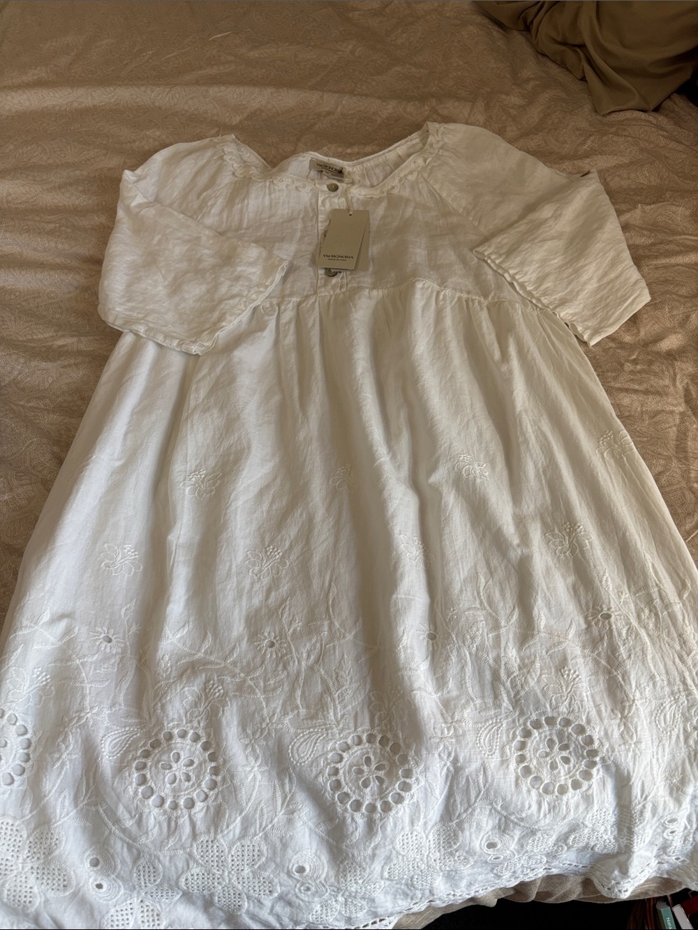 NWT Via Signoria White Eyelet Linen and Cotton Dress Boho Hippy
